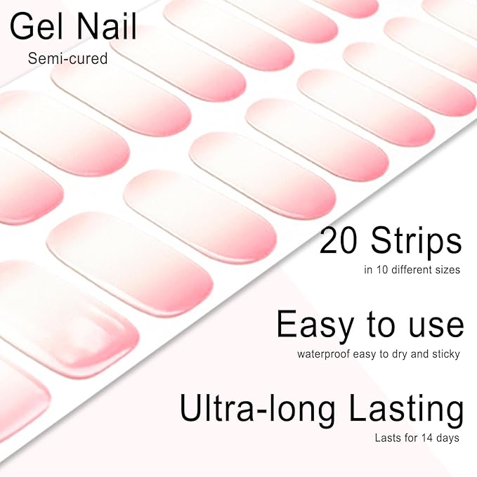 Semi Cured Gel Nail Strips, 20pcs Real Nail Polish Art Stickers, Gradient Pink Gel Nail Stickers - Work with Any UV Lamp, Long Lasting Full Wraps with Nails File and Stick