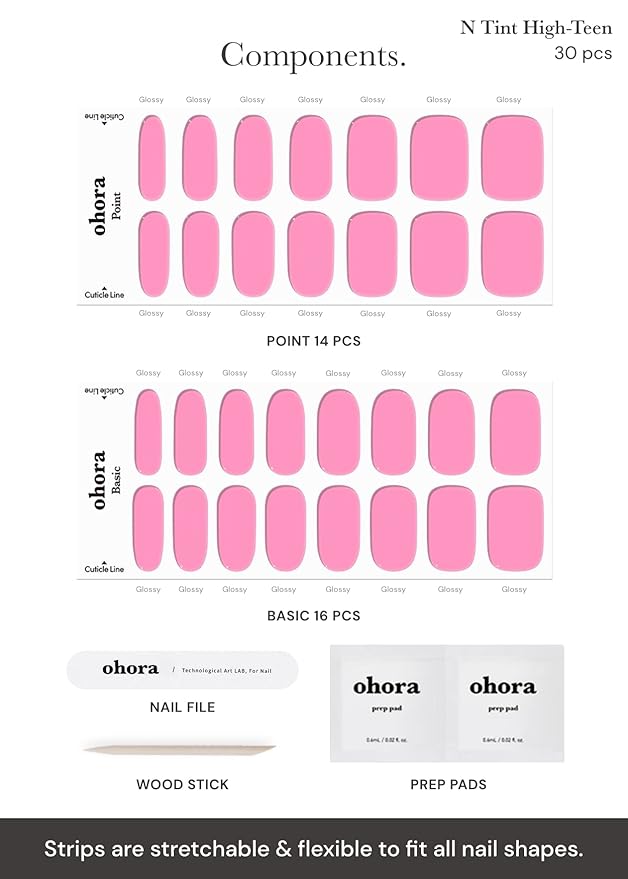 ohora Semi Cured Gel Nail Strips (N Tint High-Teen) - Pink, Tint, Works with Any UV/LED Lamps, Salon-Quality, Long Lasting, Easy to Apply & Remove - Includes 2 Prep Pads, Nail File & Wooden Stick