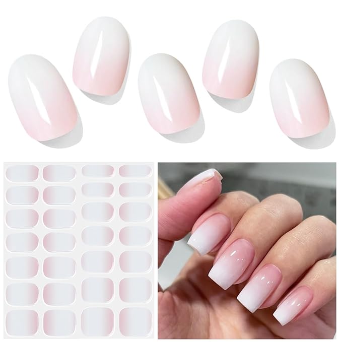 Semi Cured Gel Nail Strips, Pink fingertips| 28 pcs Gel Nail Strips Work with Any UV Lamp, Salon Quality UV Nails Stickers, Easy to Apply for Home Nails DIY