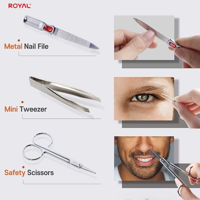 [Made in Korea] ROYAL 5 Pcs Compact Nail Clippers Set-Nail Clipper, Cuticle Remover, Nail File, Mini tweezer, Safety Scissors with Portable case Black
