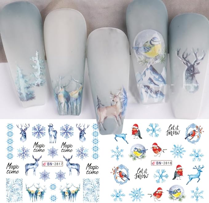 12 Sheets Snowflake Nail Art Stickers Water Transfer Nail Decals Christmas Nail Art Decorations Blue Snowflake Elk Santa Tree Bear Cute Winter Pattern Watermark Nail Stickers for Women DIY Nail Supply