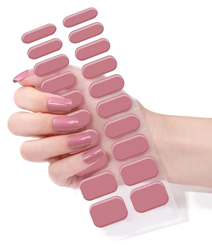 Semi Cured Gel Nail Strips, Rose Pink, 20pcs Gel Nail Stickers Work with UV, Easy to Use and Remove