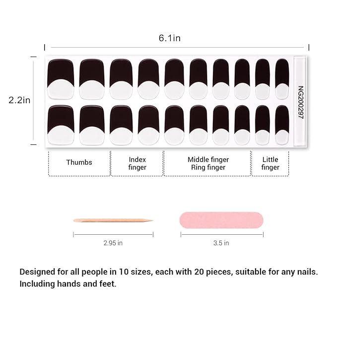 Semi Cured Gel Nail Strips, 20pcs Real Nail Polish Art Stickers, Red Black Gel Nail Stickers - Work with Any UV Lamp, Long Lasting Full Wraps with Nails File and Stick