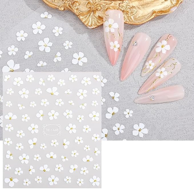 Flower Nail Art Stickers Decals, 3D Self-Adhesive White Flower Nail Design, Cherry Blossoms Nails Art Decoration for DIY Decoration Stencil Tools