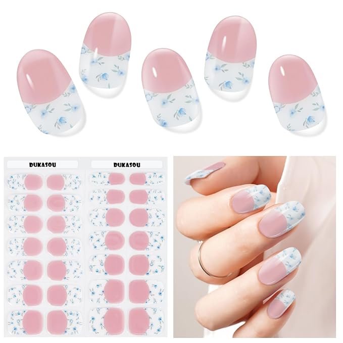 Semi Cured Gel Nail Strips, Blue Rose | 28 pcs Gel Nail Strips Work with Any UV Lamp, Salon Quality UV Nails Stickers, Easy to Apply for Home Nails DIY