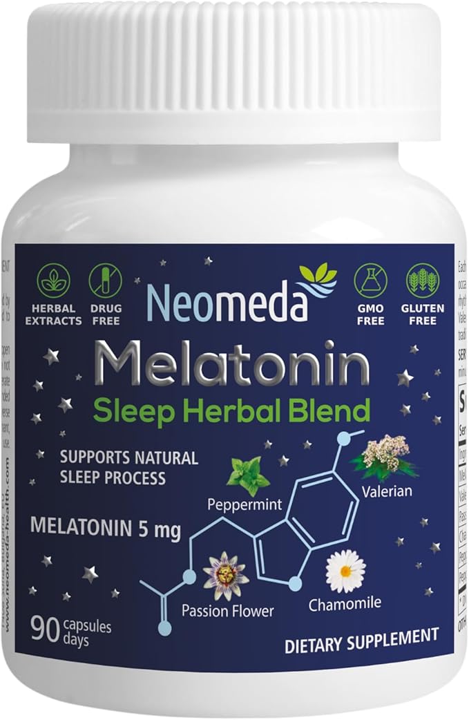 Melatonin Sleep Herbal Blend - Natural Sleep Support for Restful Nights with Melatonin 5mg & Calming Herbs - Drug-Free Dietary Supplement, 90 Capsules, 90-Day Supply