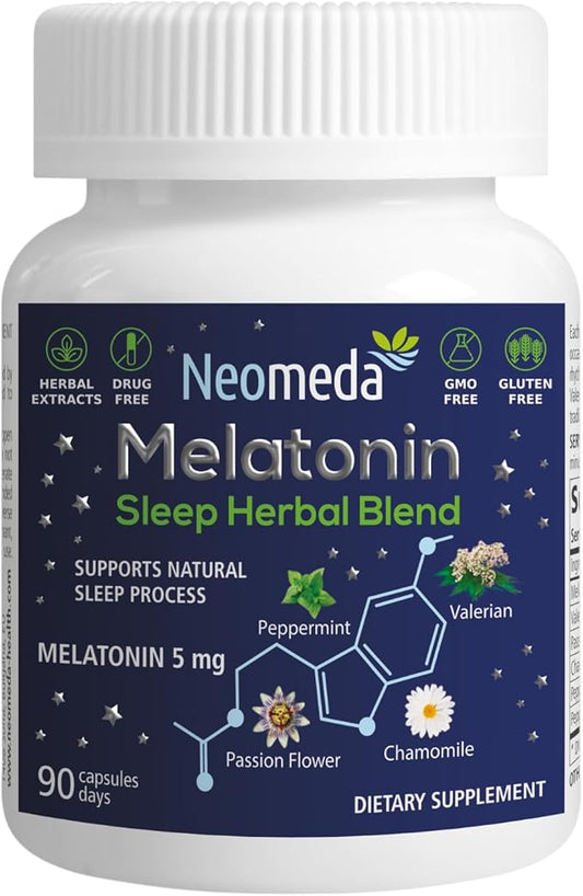Melatonin Sleep Herbal Blend - Natural Sleep Support for Restful Nights with Melatonin 5mg & Calming Herbs - Drug-Free Dietary Supplement, 90 Capsules, 90-Day Supply