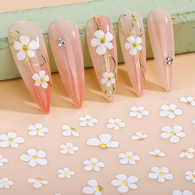 Flower Nail Art Stickers Decals, 3D Self-Adhesive White Flower Nail Design, Cherry Blossoms Nails Art Decoration for DIY Decoration Stencil Tools