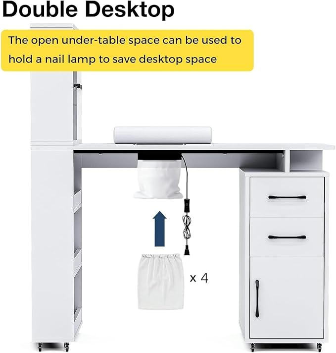 Manicure Table Nail Desk for Nail Tech w/Glass Door Storage Cabinets & Wrist Rest, Beauty Salon Nail Supplies Decor Workstation Acetone Resistant, with Dust Collector (White)