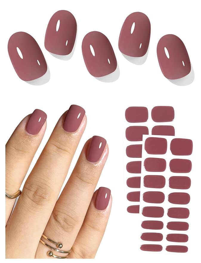Semi Cured Gel Nail Strips (Fall Mauve), 30 Pcs Red Gel Nail Wraps, Stickers, UV Light Required