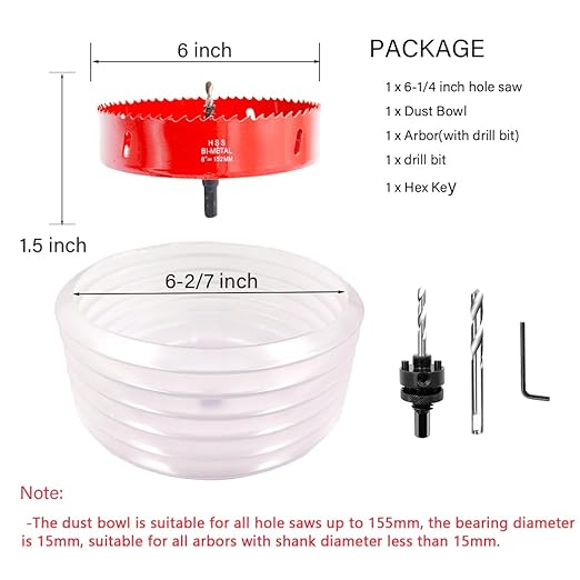 152mm Hole Saw and Hole Saw Accessory Dust Collector Bowl 2PCS Set with Heavy Duty Adapter （6 inch）