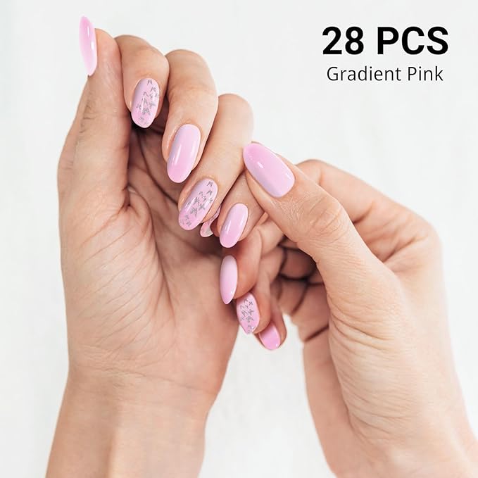 Semi Cured Gel Nail Strips, Gradient Pink | 28 pcs Gel Nail Strips Work with Any UV Lamp, Salon Quality UV Nails Stickers, Easy to Apply for Home Nails DIY
