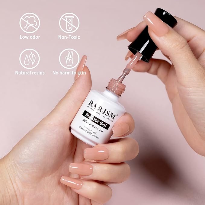 RARJSM Rubber Base Gel Nail Polish Nude Rose Natural Sheer Pink Jelly Color Extend Elastic Rubber Base Coat Gel Builder in a Bottle 15ml Soak Off Curing Requires Salon Home DIY Use French Manicure