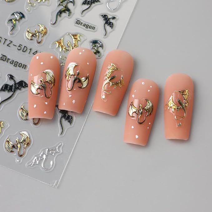 Halloween Nail Stickers 5D Metallic Dragon Snowflake Nail Art Stickers 2PCS Laser Silver Gold Bronzing 3D Fly Theme Design Self-Adhesive Winter Nail Decals Accessories for Holiday Nail Art Decorations