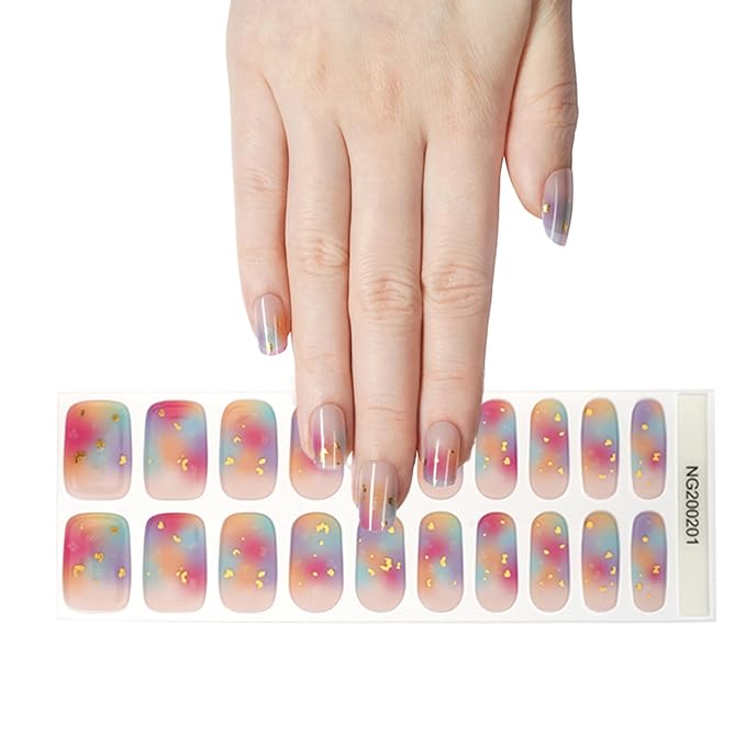 Semi Cured Gel Nail Strips, 20pcs Real Nail Polish Art Stickers, Rainbow Mist Gel Nail Stickers - Work with Any UV Lamp, Long Lasting Full Wraps with Nails File and Stick