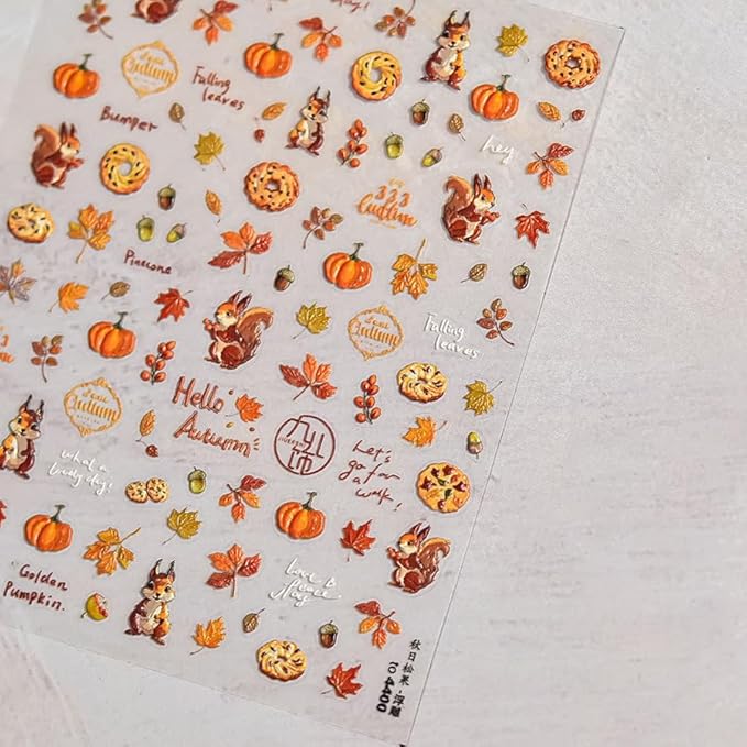 1Sheet Maple Leaf Nail Stickers 5D Embossed Self Adhesive Fall Squirrel Nuts Nail Decals Thanksgiving Day Pumpkin Nail Design Red Yellow Maple Leaf Nails Sticker Nails Decor for Women Nails Supplies