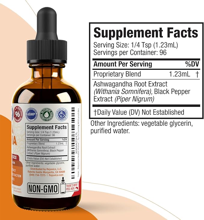 Rejuvica Health Active Ashwagandha 4oz XL Super Size - Advanced Liquid Supplement Tincture - Withania Somnifera Extract Drops - Ashwagandha Roots Only - Naturally Occurring Withanolides