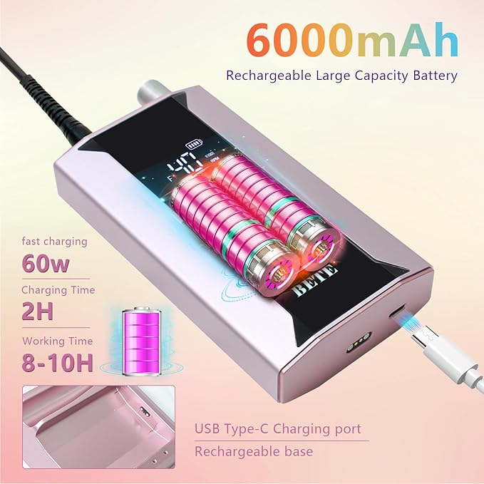 BETE Professional Nail Drill Machine, 0-40000RPM Brushless Durable Electric Nail File for Acrylic Gel Nails, Rechargeable Nail Drill with Charging Base with 6pcs Drill Bits for Salon Home, Pink