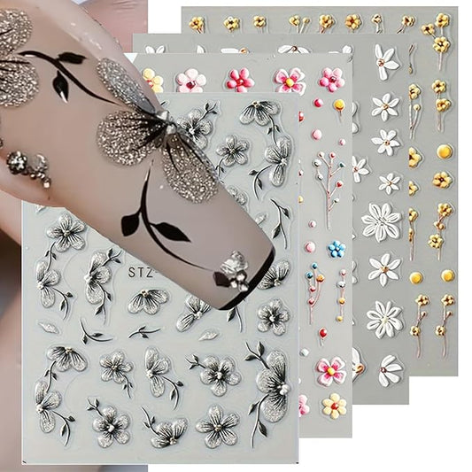 6 Sheets Flowers Nail Art Stickers Decals 5D Self-Adhesive Spring Colorful Embossed Floral Nails Decals Designs DIY Flowers Nail Stickers Supplies for Women Nail Art Manicure Decoration Accessories
