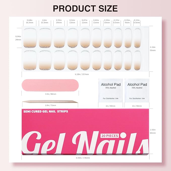 Semi Cured Gel Nail Strips, 20 PCS Gel Nail Stickers Work with UV Light, Salon Quality & Easy to Use - Shiny Nude
