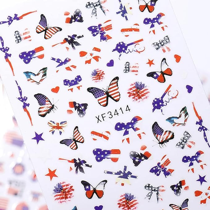 8Sheets 4th of July Nail Art Stickers Decals Red Blue White American Flag 3D Self-Adhesive Nail Decals Flame Butterfly Heart Designs Independence Day Nail Decorations DIY Nail Supplies for Women Kids