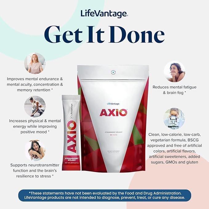 LifeVantage AXIO Regular Energy Drink Powder, Nootropic Supplement, Focus & Mood Support, with L-theanine, Green Tea, B Vitamins, DMAE, Quercetin & Pine Bark, Strawberry Splash, 30 Packets