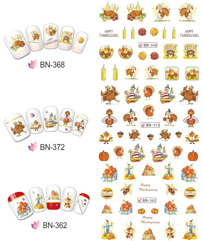 12 Sheets Fall Nail Art Stickers Thanksgiving Nail Decals Water Transfer Foils Maple Leaf Pumpkin Turkey Autumn Nail Stickers for Women Girls Kids DIY Fingernail Toenail Decoration Manicure