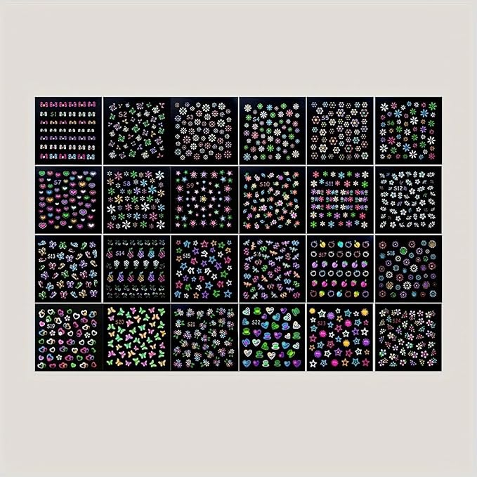 Fluorescence 30 Sheets Flowers Nail Stickers 3D Self-Adhesive Nail Art Charms Sticker Decals for Crafts Supplies Accessories (ST-N)