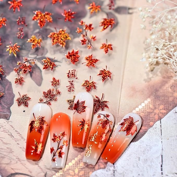 1 Sheet 5D Embossed Autumn Maple Leaves Nail Stickers for Nail Art Thanksgiving Day Nail Art Stickers Fall Nail Decals Red Glitter Maple Leaf Nails Design Nails Decoration DIY for Women Nail Supplies