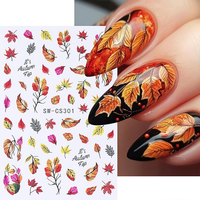 10 Sheets Fall Nail Art Stickers Decals Thanksgiving Nails Decals Autumn Maple Leaf Nails Stickers Self-Adhesive Maple Leaves Nail Art Decals for Women