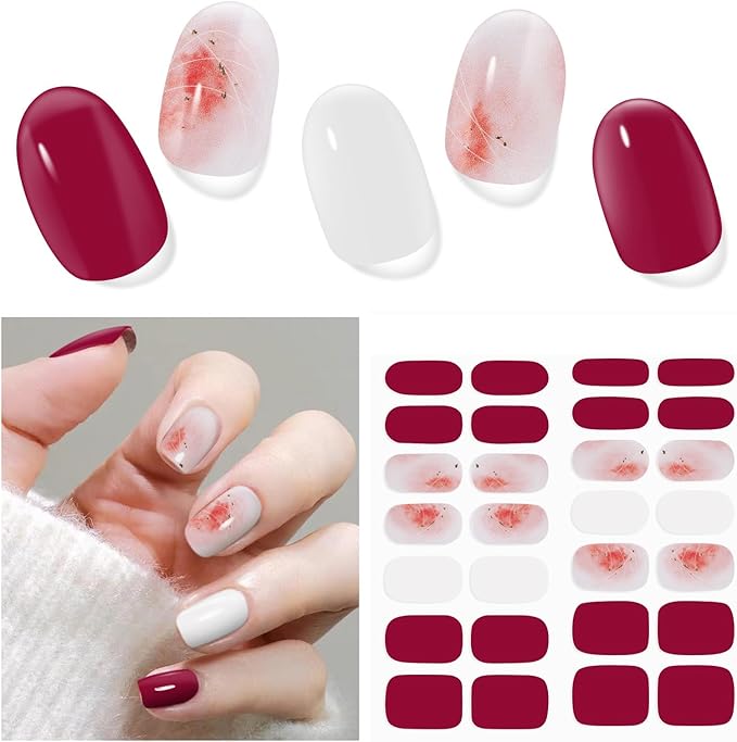 Semi Cured Gel Nail Strips | 28 PCS Gel Nail Stickers Work with Any UV Lamps, Long Lasting Nails Wraps for Women Home DIY Nails Art (Red Grapefruit)