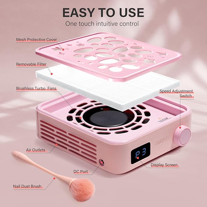 Aillsa Nail Dust Collector: Professional Powerful Suction Dust Collector Nail Tech Adjustable Speed with LED Display & Brush & Filter Paper for Acrylic Gel Nail Polish Manicure Salon & Home Use（Pink）