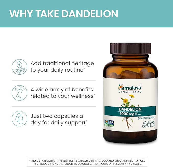 Himalaya Dandelion, Herbal Supplement for Daily Wellness Support, Vegan, Gluten Free, 1,000 mg Dandelion Root, 60 Capsules