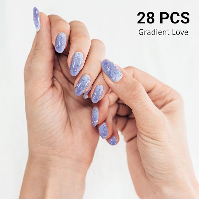 Semi Cured Gel Nail Strips, 28pcs Gradient Love Gel Nail Strips Work with Any UV Light, Gel Nail Stickers Full Nail Wraps for Women Girls Kids DIY Gift, Include Prep Pads, Nail File&Wood Stick
