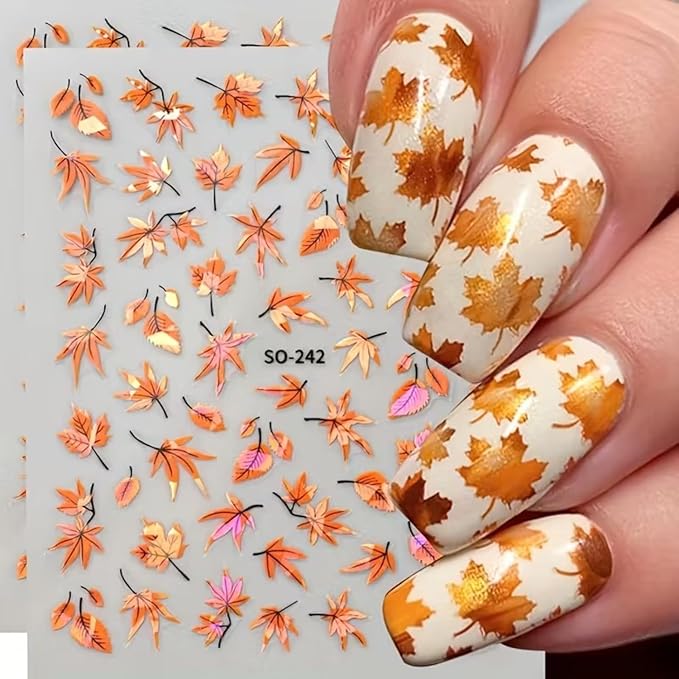 Fall Nail Art Stickers Autumn Maple Leaf Nail Decals 6PCS Laser Fallen Leaves Nail Art Supplies 3D Self-Adhesive Nail Stickers Autumn Leaf Nails Accessories for Women Thanksgiving Day Manicure Decor