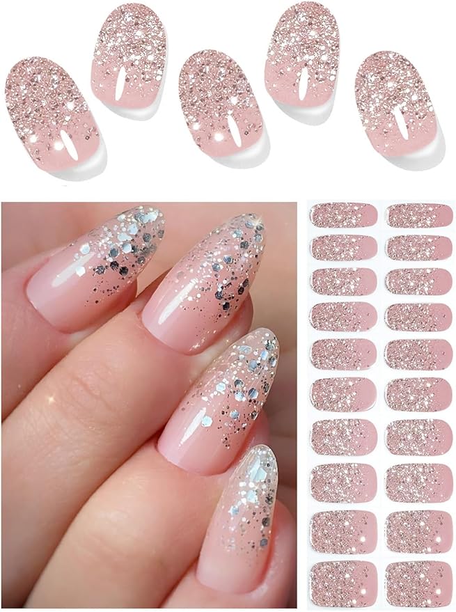 Semi Cured Gel Nail Strips, 20pcs French Sequin Gel Nail Stickers UV for Home Nails DIY