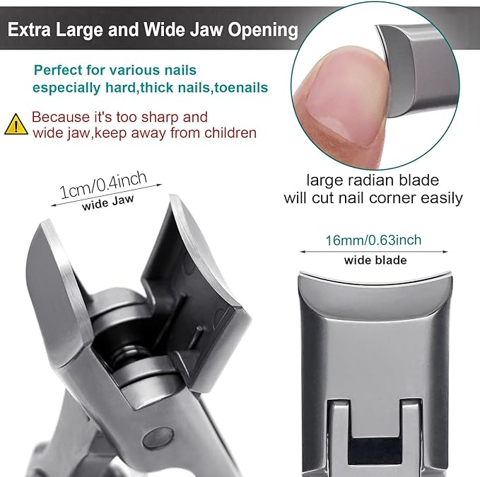 Nail Clippers for Men Thick Nails Large Wide Jaw Opening Toenails Clippers for Seniors Long Handle Heavy Duty Portable Ultra Sharp Fingernail Cutter with Catcher for Adult Women (Silver Set)