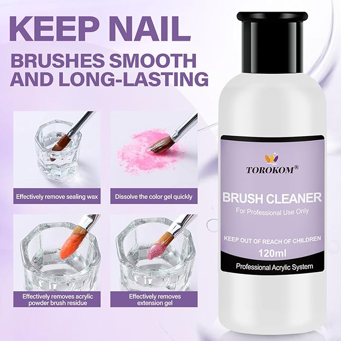 TOROKOM Acrylic Nail Brush Cleaner, 4 OZ Acrylic Brush Cleaner Nail Brush Cleaner Conditioner with Dappen Dish and Nail Cleaning Pads for Quickly Clean Gel Polish, Nail Extension Gel, Acrylic Nails