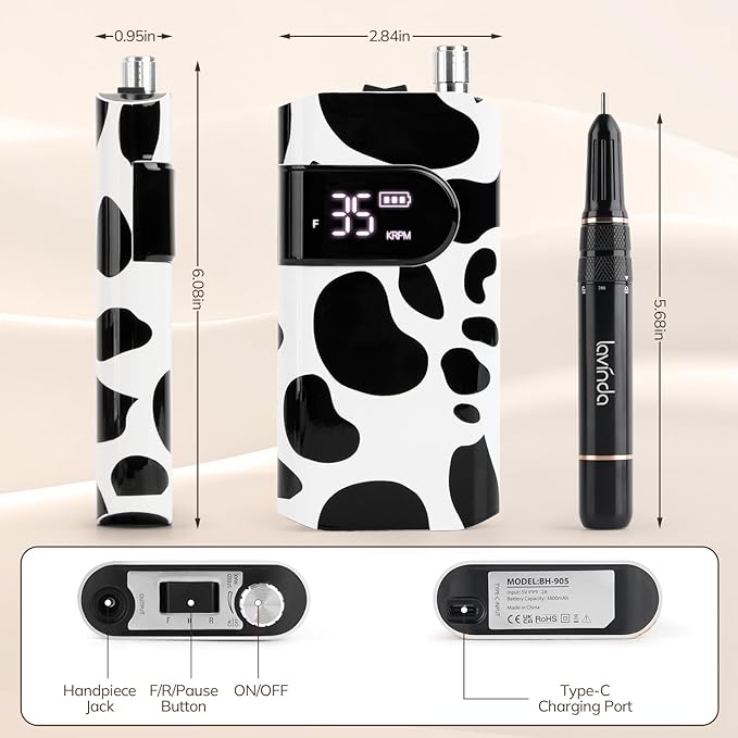Lavinda 35000RPM Electric Nail Drill, Cordless Nail Drill Machine Portable Rechargeable Nail Efile for Acrylic Gel Nails, Manicure Pedicure Polishing Shaping Tool for Salon Home Use-Cow Print