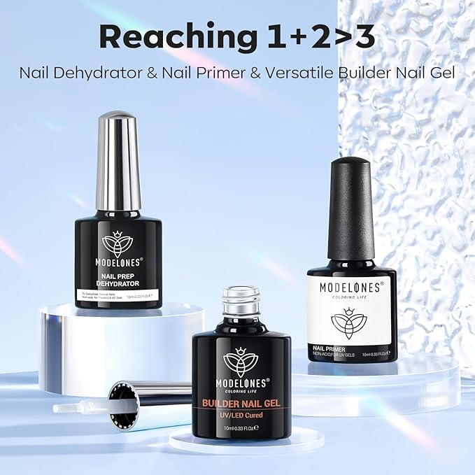 modelones Nail Dehydrator and Primer & Builder Nail Gel, 3Pcs Prep Dehydrate & Bond Primer Clear Gel Builder Polish Base Coat for Strengthener Apex Building, LED Lamp Cured 10ml Home DIY Salon