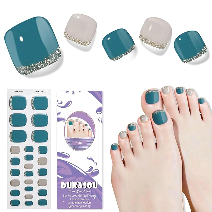 Semi Cured Gel Toe Nail Strips,26 Pcs Toe Nail Stickers Wraps for Summer Holiday (Blue),Gel Strips UV Light Required,Easy to Apply