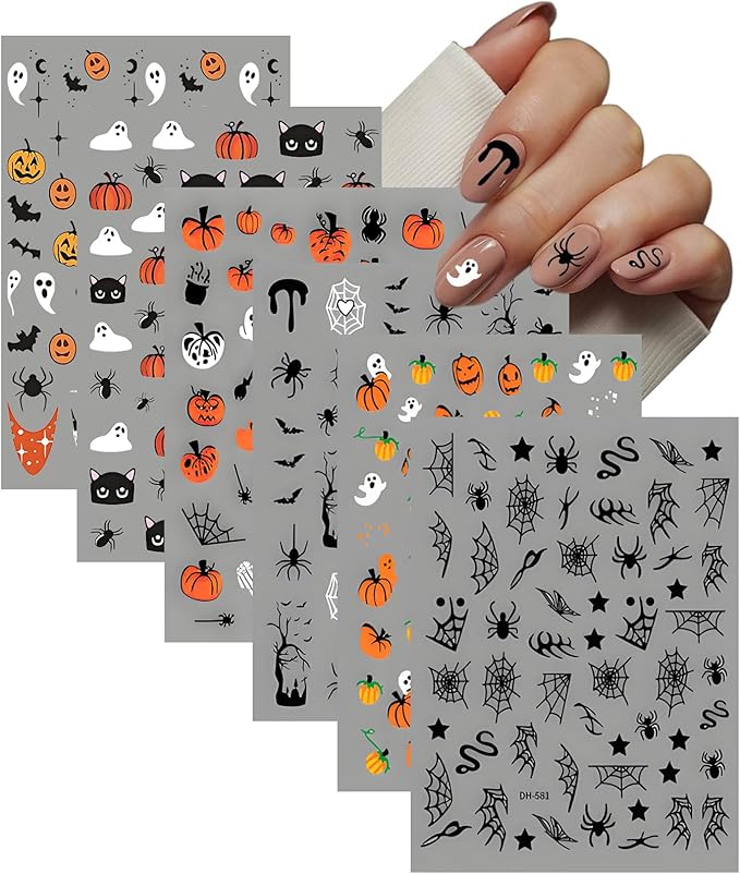 12 Sheets Halloween Nail Stickers - Pumpkin Nail Stickers - Specter Cat Spider Web Bat Nails Art Decals for Halloween Makeup - Spooky Nails Sticker Cosplay Party Supplies
