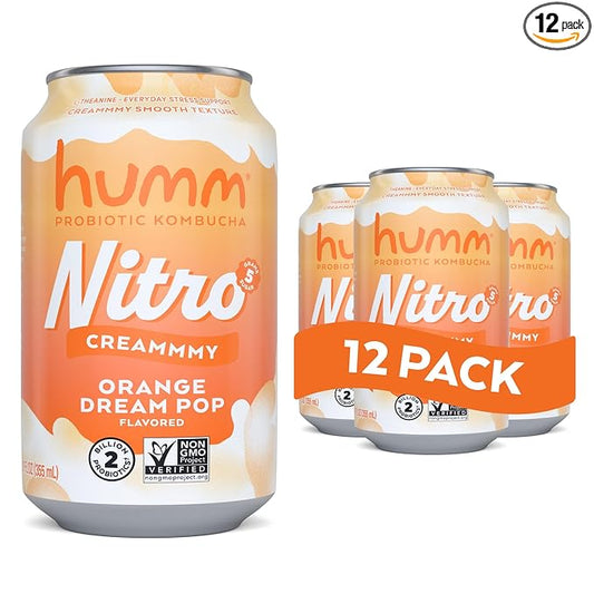 Humm Nitro Kombucha Orange Dream Pop, Creamy Smooth Probiotic Drink with L-Theanine, Non-GMO, Vegan, Gluten Free, 12 fl oz (Pack of 12)
