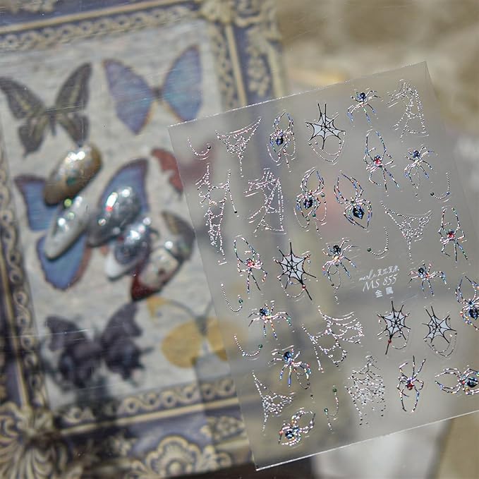 1 Sheets Halloween Nail Stickers for Nail Art Metal Spider Nail Art Stickers Silver Spiders Web with Rhinestones Design Horror Gothic Nail Decals Manicure Decoration for Women Acrylic Nail Supplies