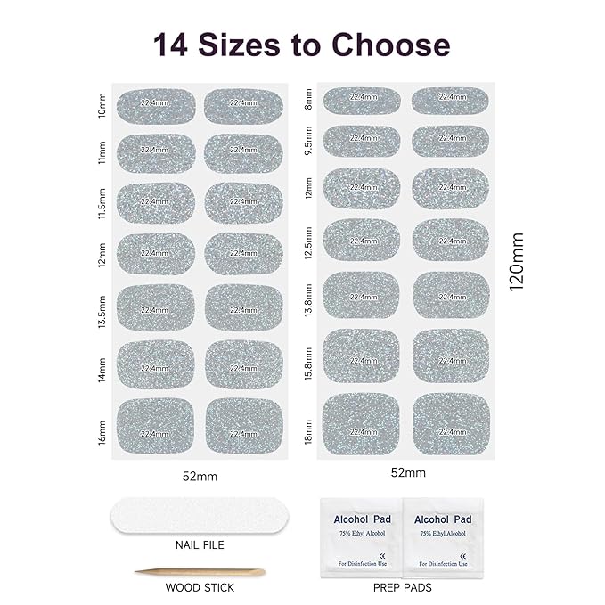 Semi Cured Gel Nail Strips,28 PCS Nail Art Stickers(Shiny Silver),Gel Stickers for Nails UV Light, Nail Polish Strips Includes Prep Pads, Nail File & Wood Stick
