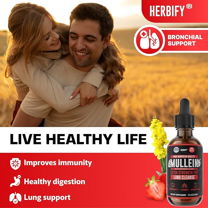 HERBIFY Mullein Drops - Lung Cleanse - Leaf Extract - Powerful Mullein for Immune Support, Detox & Respiratory Support - Made in USA - 4 Oz Strawberry Flavor