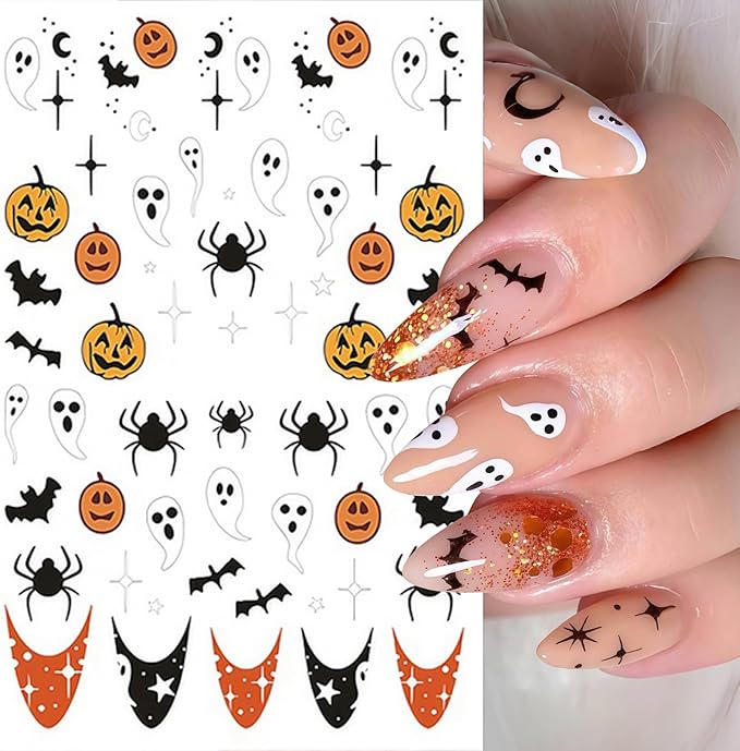 8 Sheets Halloween Nail Stickers Ghost Mushroom Nail Art Stickers Daisy Ghost Nails Decals Pumpkin Spider Colorful Holiday Nail Art Supplies Adhesive Halloween Sticker for Women Nail Art Decorations