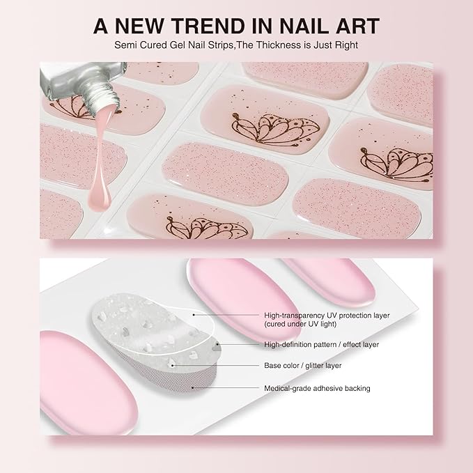 Semi Cured Gel Nail Strips - 30PCS Gel Nail Stickers for UV Light, Long-Lasting Gel Nail Wraps, Salon-Quality Semi Cured Nail Stickers, 2 Weeks Wear, Easy DIY Gel Manicure-Golden Wing