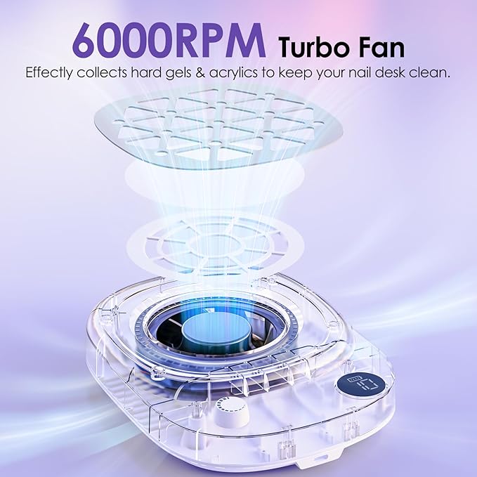 Delanie Professional Nail Dust Collector Cordless with 50pcs Filter Pads, Portable Dust Collector for Nail Tech 6000 RPM, Rechargeable Compact Nail Fan Dust Collector with 10 Speed Settings & Display
