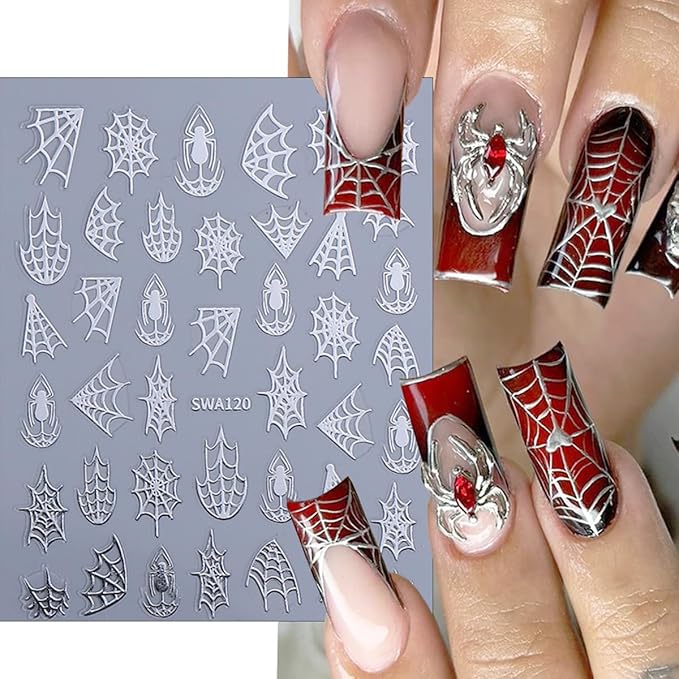 8Pcs Spider Nail Art Stickers 3D Self Adhesive Horror Goth Nail Decals Black White Gold Silver Halloween Nail Stickers Holiday Nail Design Supplies Spider Web Sticker for Women Manicure Decoration
